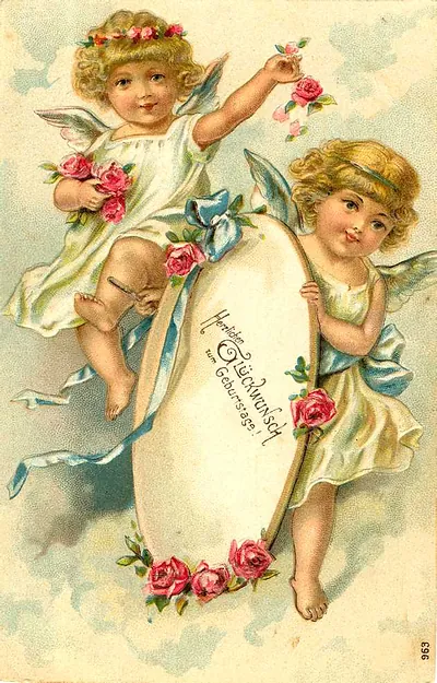 Two chromolithographed angel cherubs with roses and German birthday greeting postcard