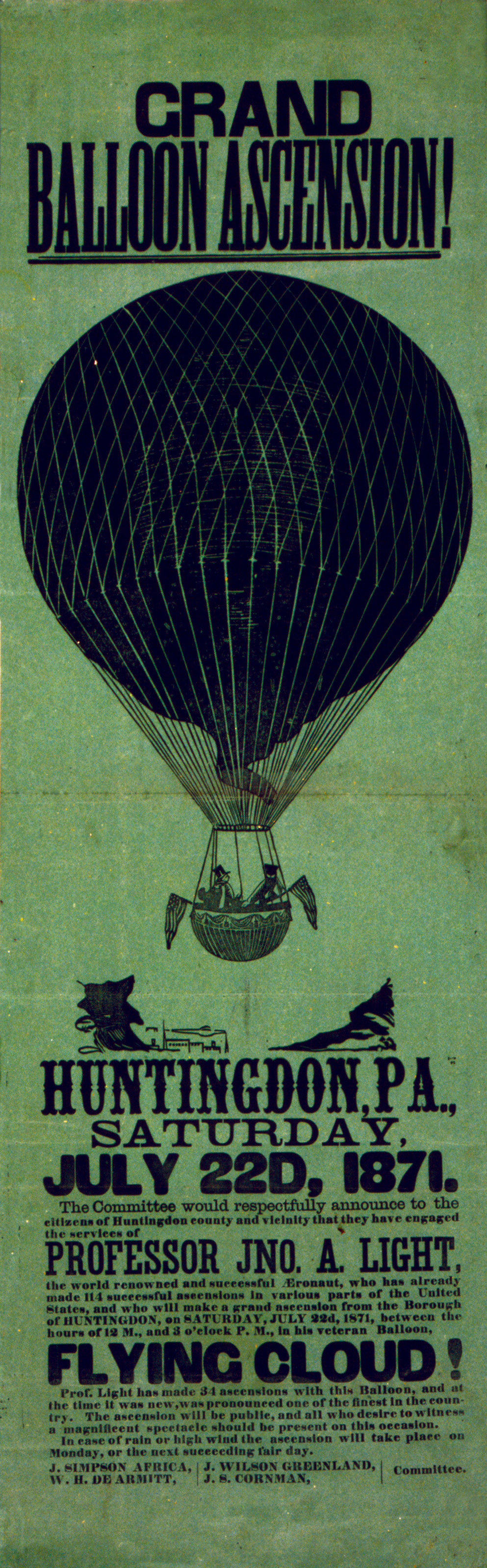 Grand balloon ascension! Huntingdon, Pa., Saturday, July 22d, 1871, 1871 — historic print