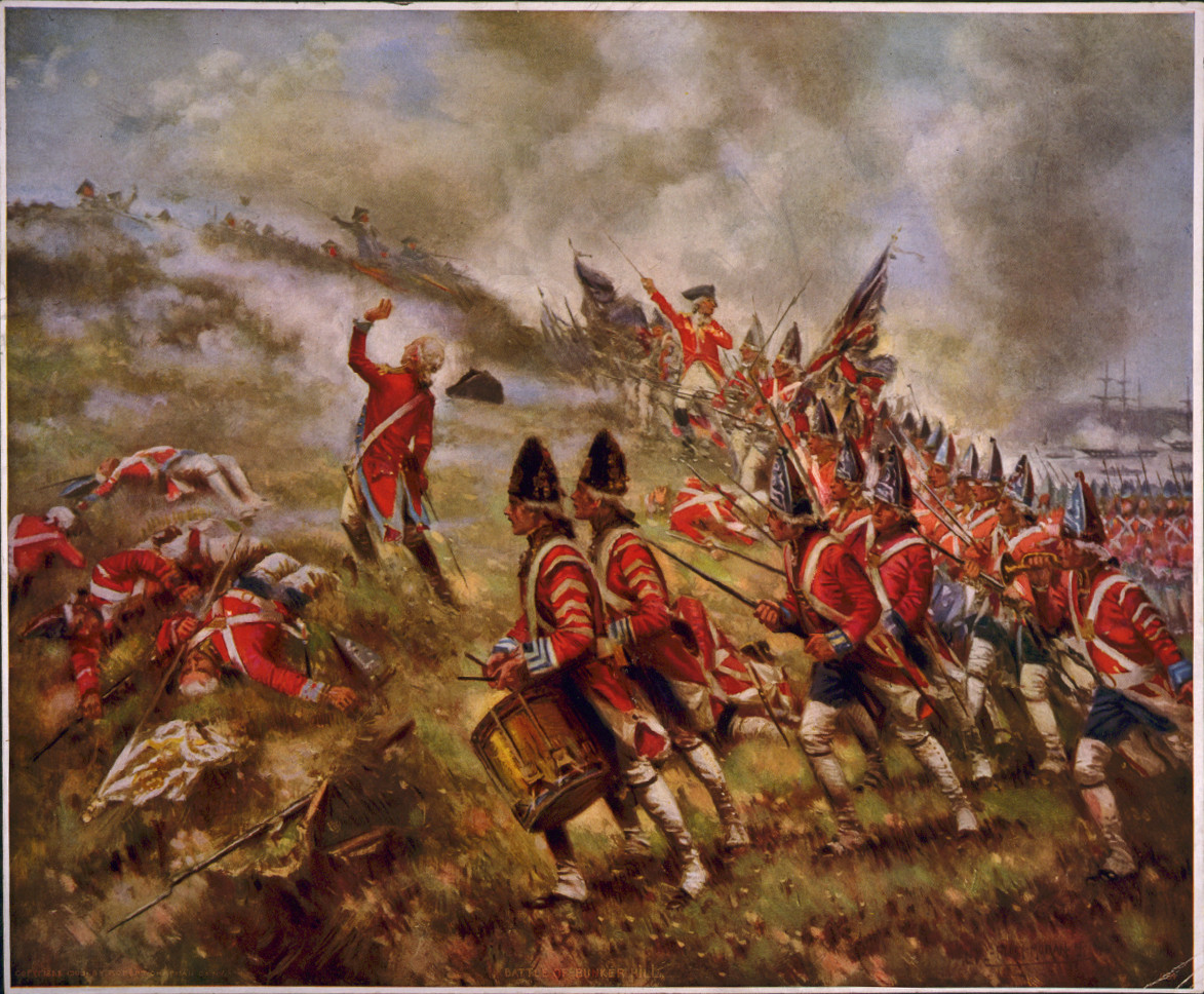 British redcoats charging in a Revolutionary War battle painting — historic image
