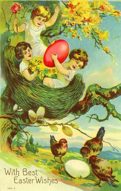 Vintage Easter postcard with children, nest and birds