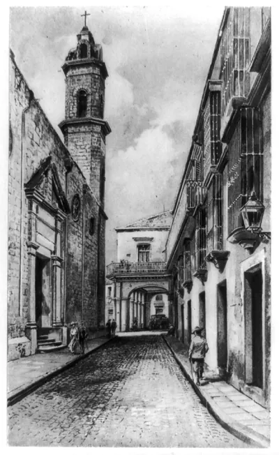 [A Narrow street in old Havana, Cuba, church on left]