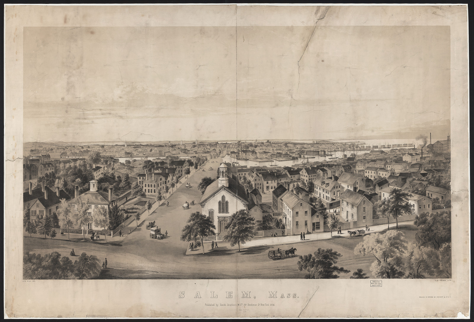 Salem, Mass. bird's-eye lithographic view of town — antique lithograph
