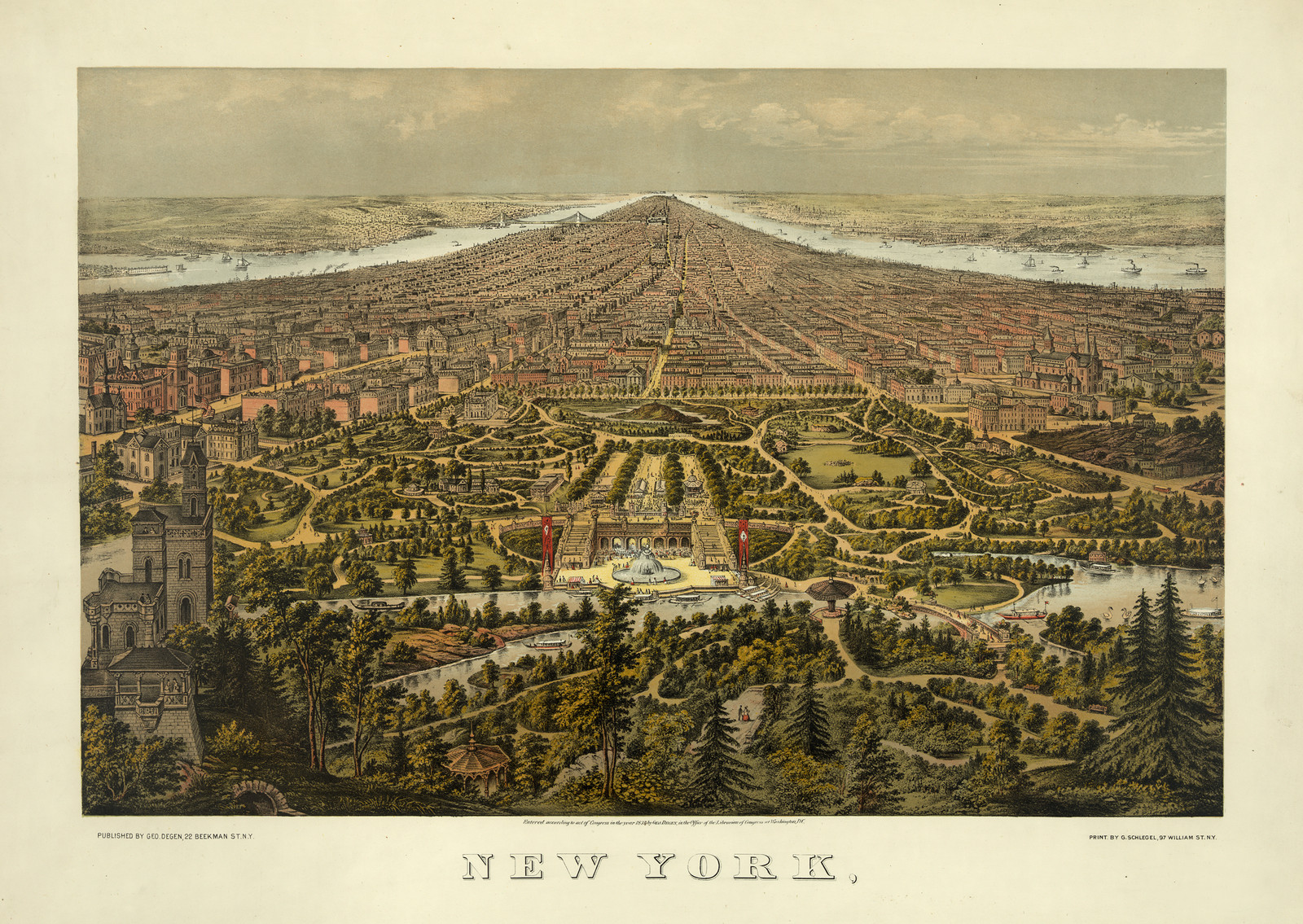 New York, bird's-eye panoramic view with Central Park — historic image