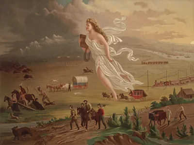 Allegorical figure of Progress over westward settlers and railroads
