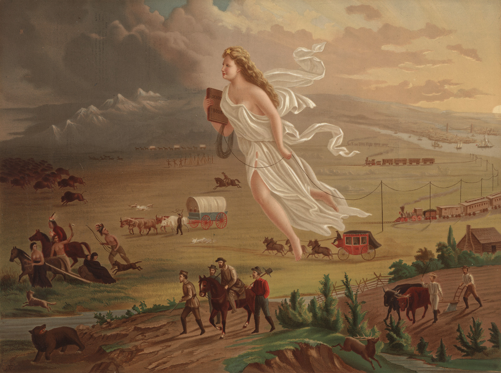 Allegorical figure of Progress over westward settlers and railroads — historic image