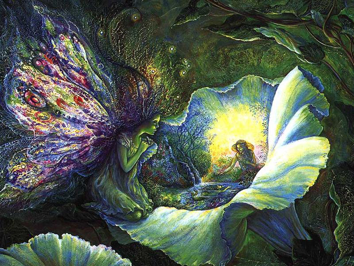 Fairy with butterfly wings on a glowing flower — historic image