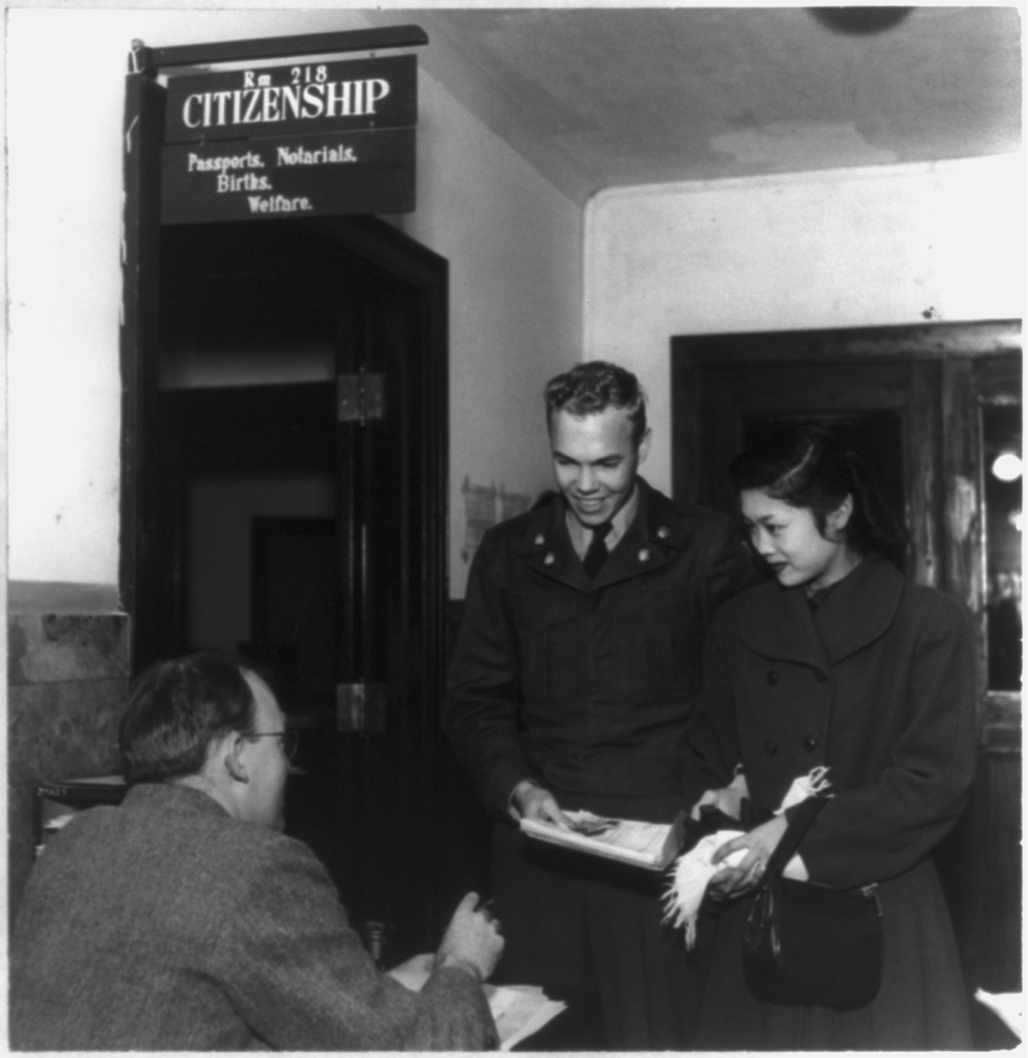 Last couple to be married under public law 717, which made possible more than 1,300 G.I.-Japanese marriages, 1951 Feb. 10. — historic photograph
