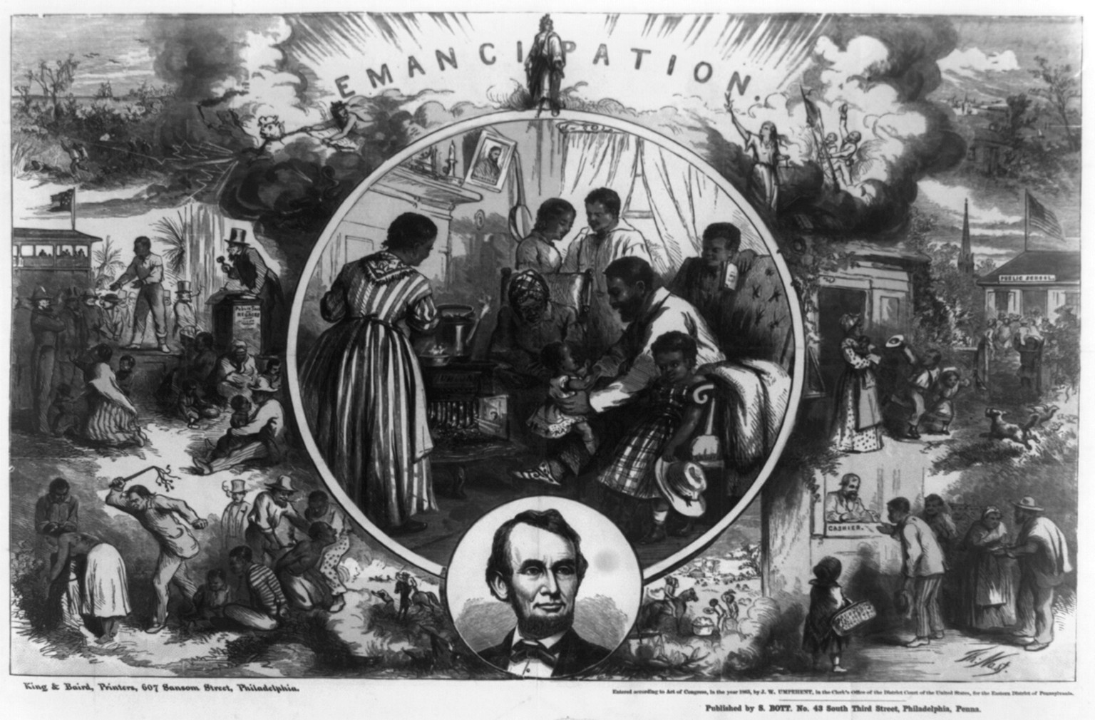 Emancipation / Th. Nast ; King & Baird, printers, 607 Sansom Street, Philadelphia., [Philadelphia] : Published by S. Bott, no. 43 South Third Street, Philadelphia, Penna., c1865. — antique engraving