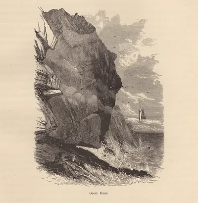 Great Head cliff with a sailing ship