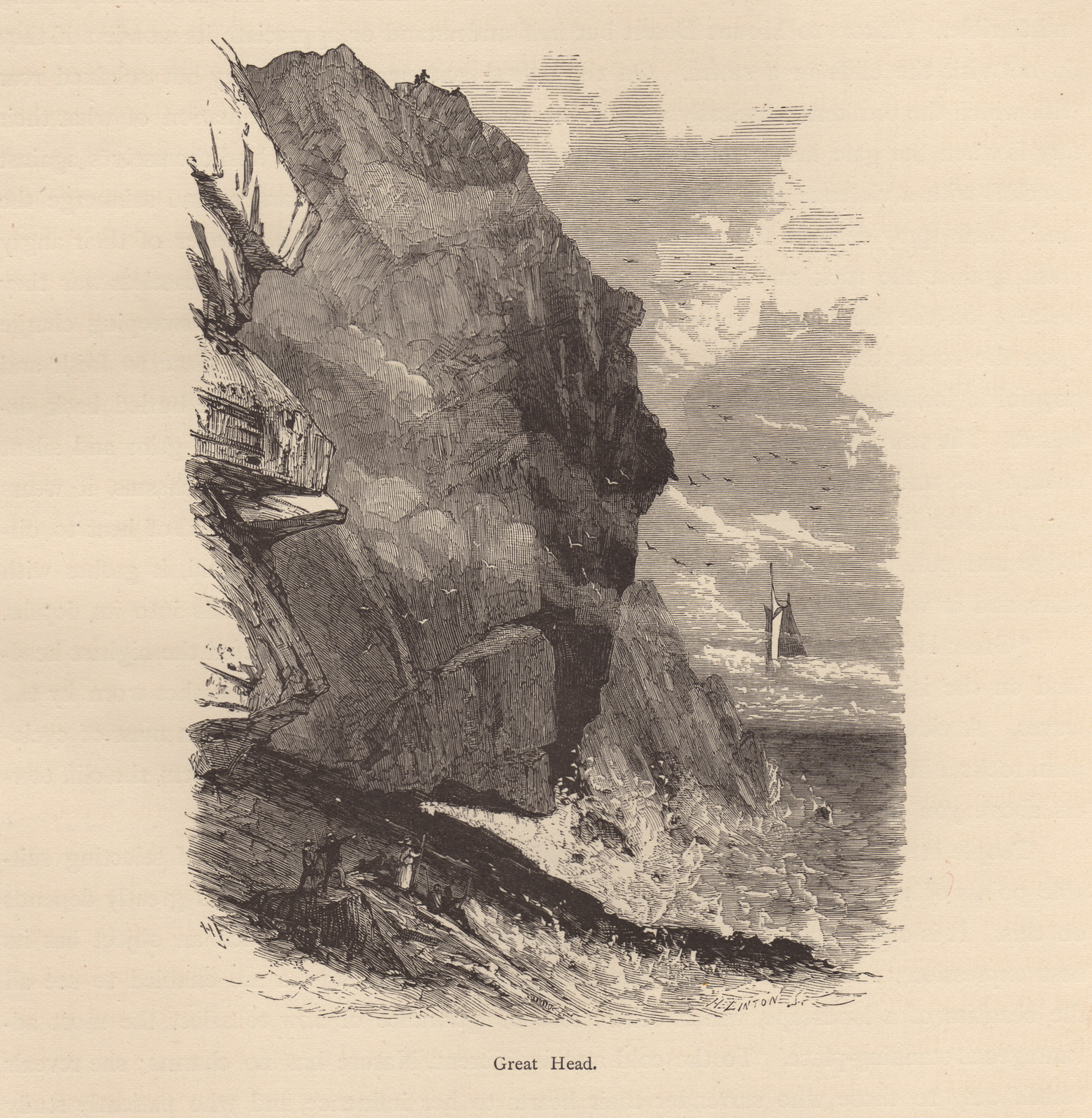 Great Head cliff with a sailing ship — historic image