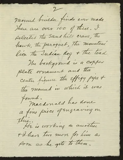 Handwritten letter page on mound builder finds