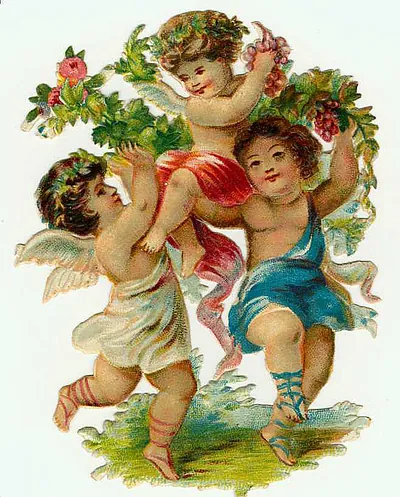 Three winged cherubs with flower garlands and grapes