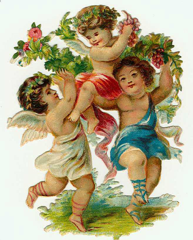 Three winged cherubs with flower garlands and grapes — historic image