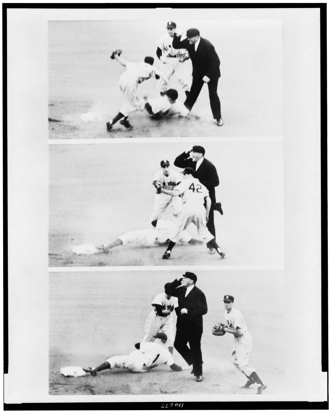 [Three views of Pee Wee Reese, Brooklyn Dodger shortstop, being tagged out by New York Yankee second baseman Gerald Coleman, as he tried to slide into second base in the first inning of the third game of the 1949 world series. The umpire was Cal Hubbard, and Yankee shortstop Phil Rizzuto backed up the play], 1949 — historic photograph
