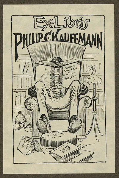 Ex Libris Philip C. Kauffmann bookplate with man reading in armchair