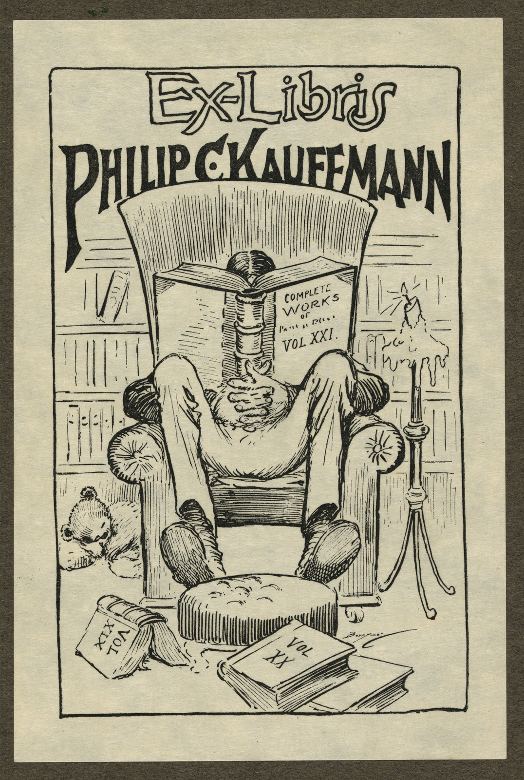 Ex Libris Philip C. Kauffmann bookplate with man reading in armchair — historic image