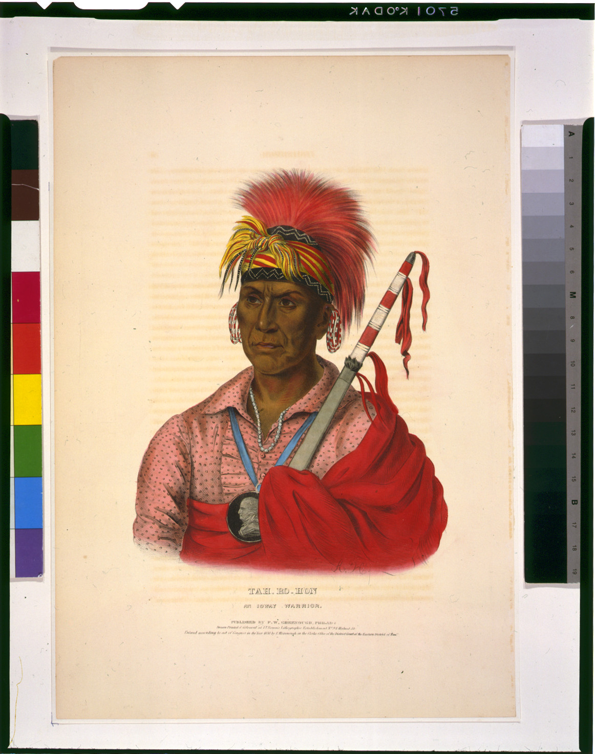 Tah-Ro-Hon--An Ioway warrior / drawn, printed & coloured at I.T. Bowen's Lithographic Establishment ; A.H., Philad. : published by F.W. Greenough, c1838. — antique lithograph