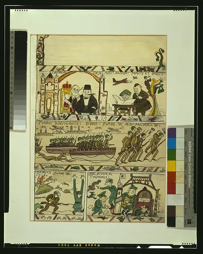 [Cartoon showing D-Day invasion of France by British troops in a parody of the Bayeux Tapestry] / Rea Irvin.