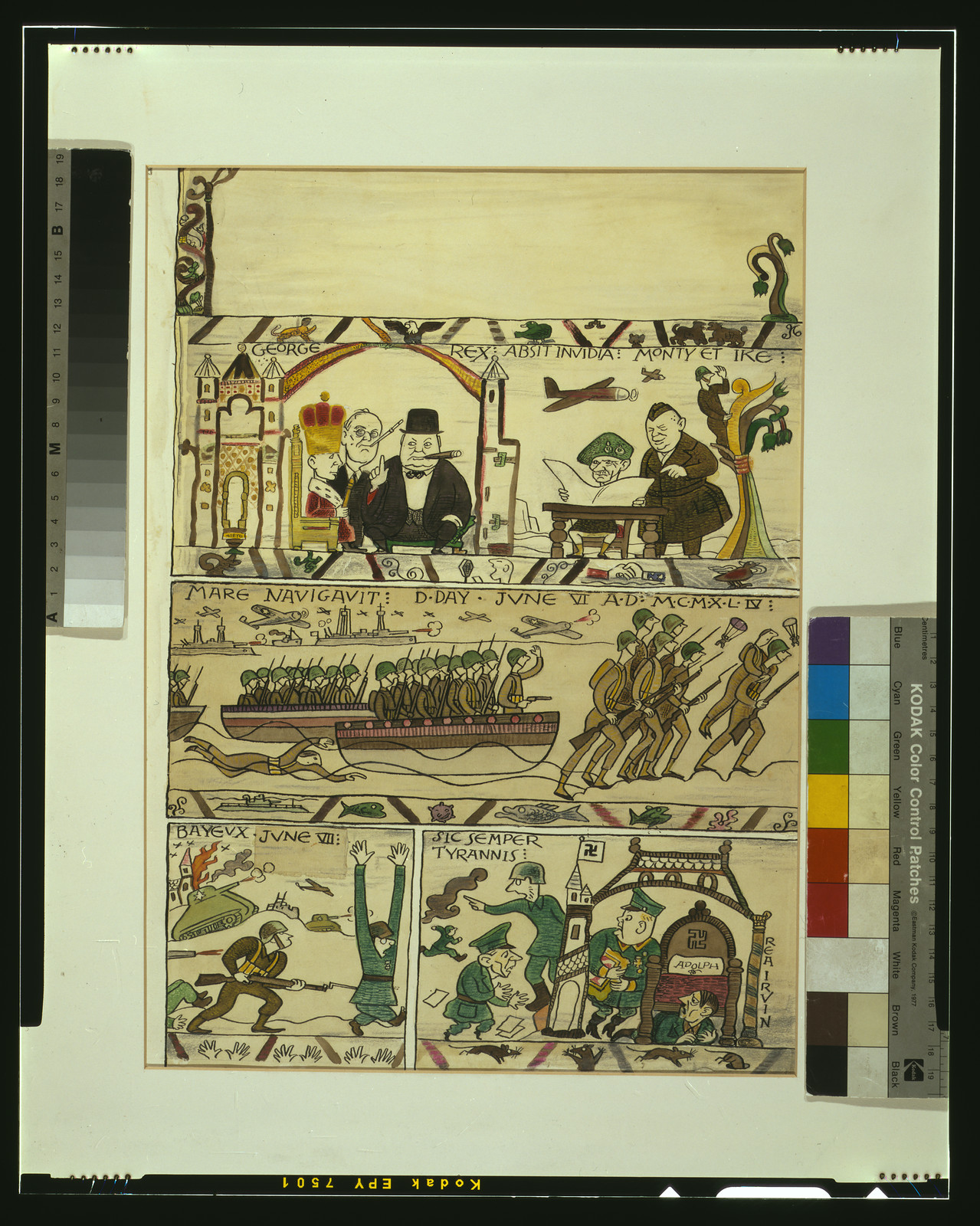 [Cartoon showing D-Day invasion of France by British troops in a parody of the Bayeux Tapestry] / Rea Irvin., [1944] — historic drawing