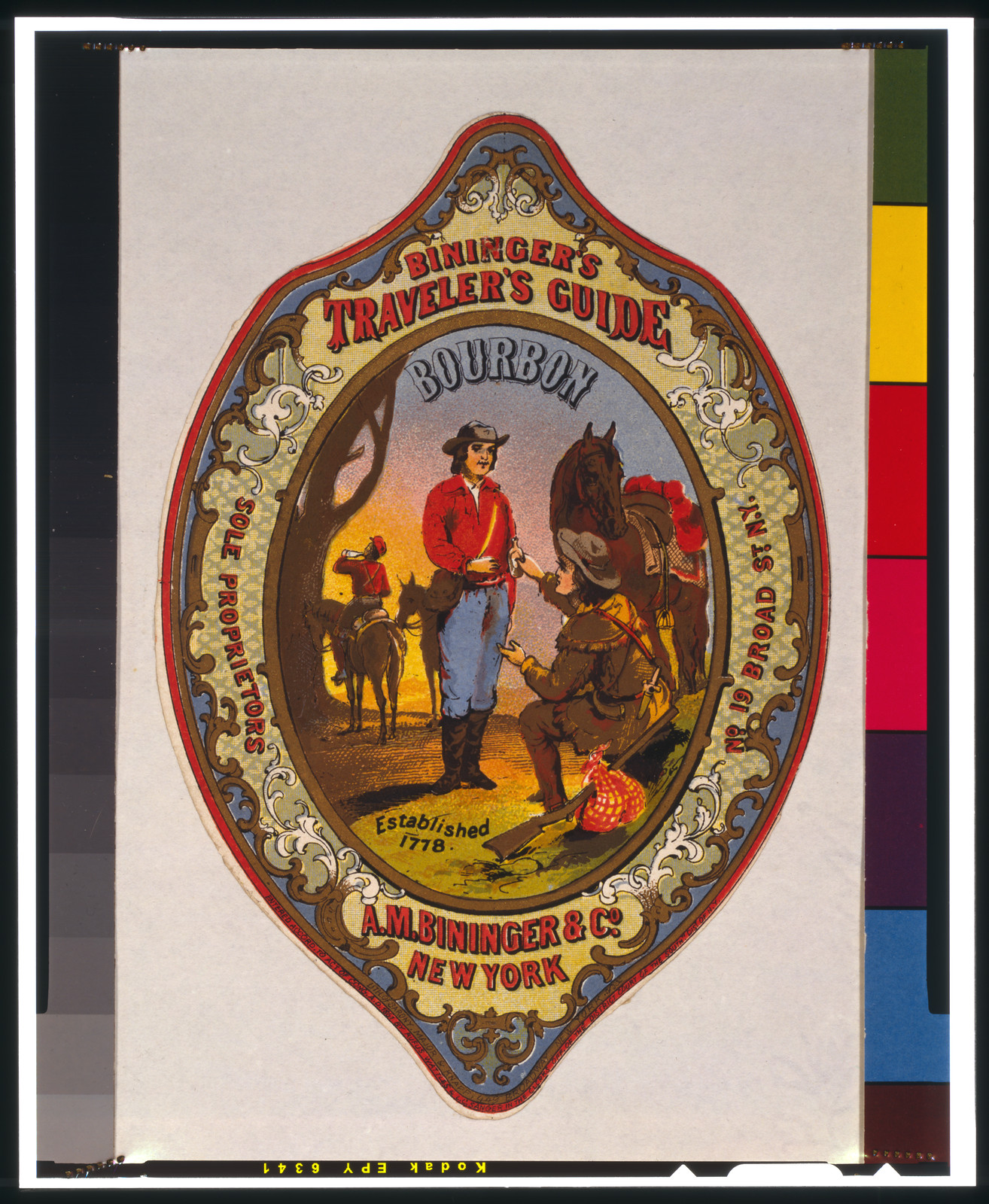 Bininger's Traveler's Guide Bourbon, A.M. Bininger & Co., New York / lith. of Sarony, Major & Knapp, N.Y., c1861. — antique lithograph