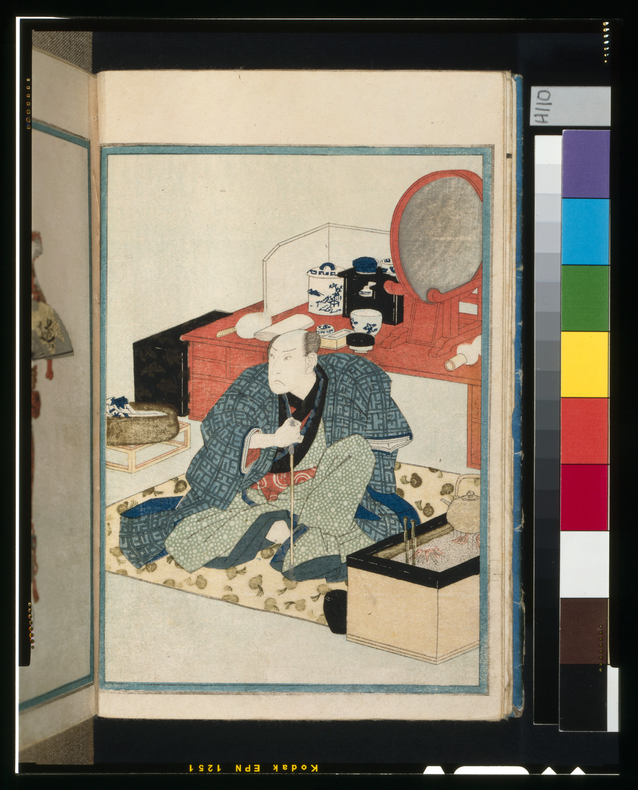 Japanese woodblock print of a seated man beside a mirror — historic print