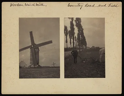 Wooden windmill and country road and field