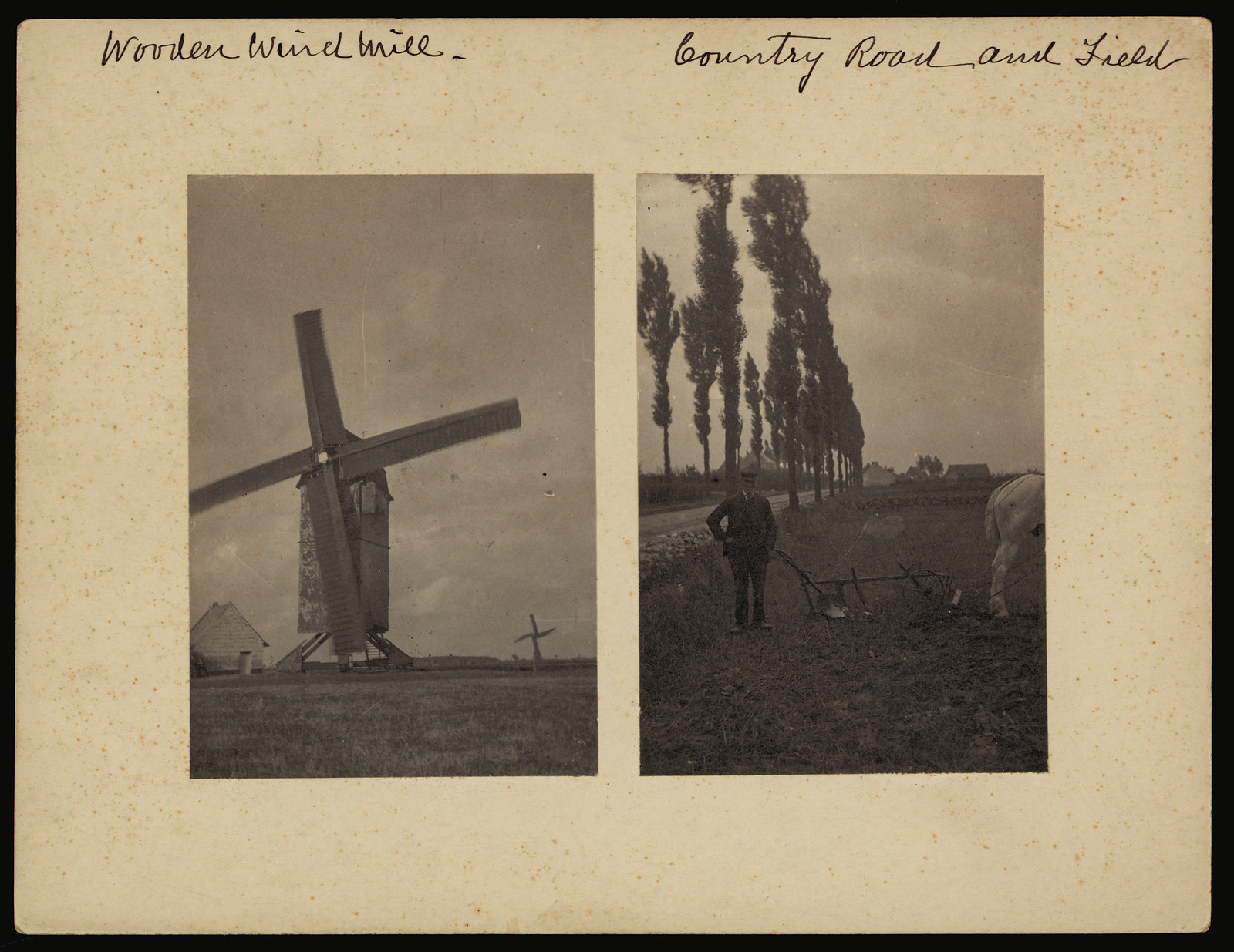 Wooden windmill and country road and field — historic image