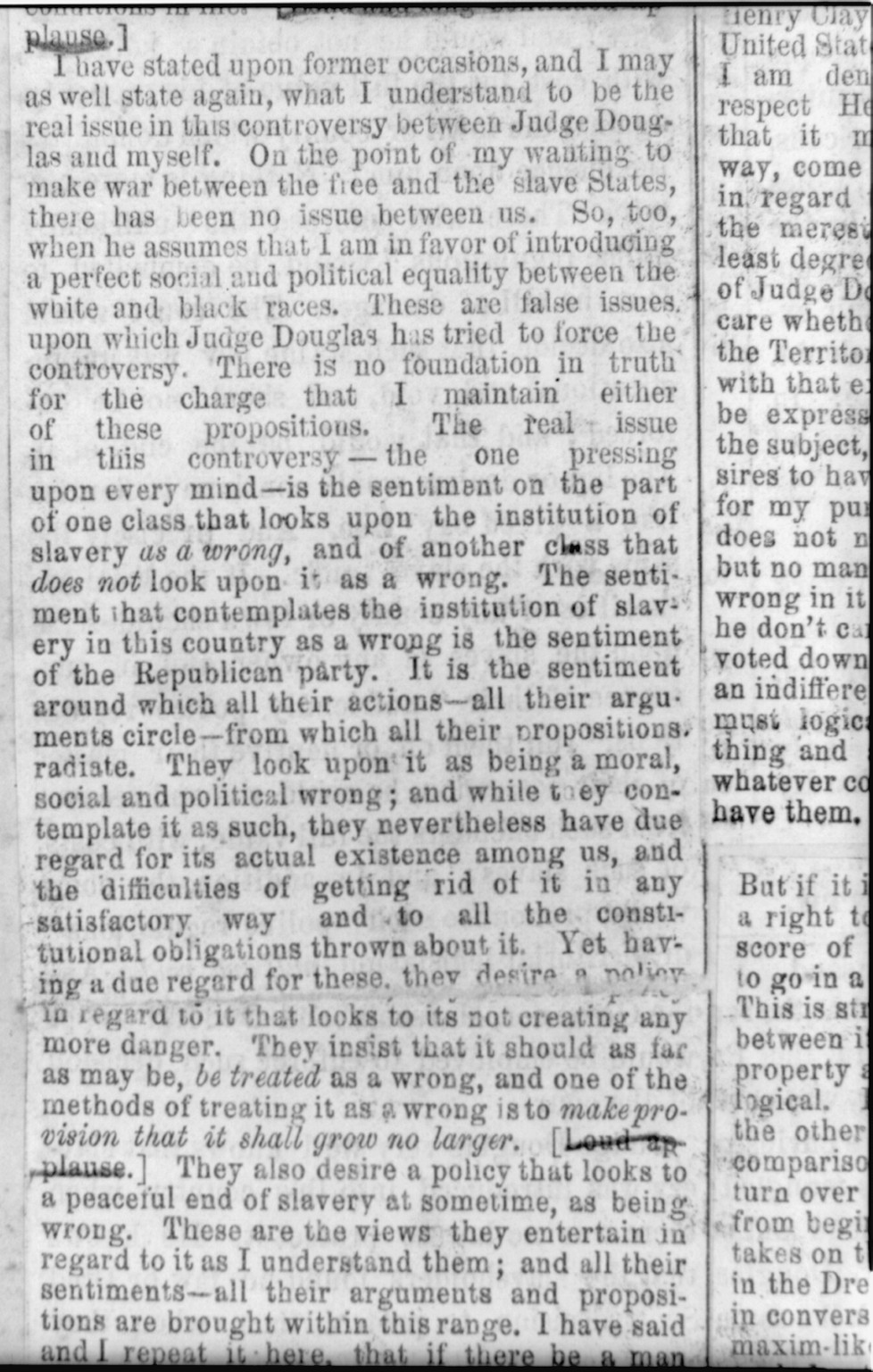 [Excerpt of Lincoln's speech, final debate with Stephen A. Douglas from Abraham Lincoln's scrapbook of the Illinois political campaign of 1858], [1858] — historic print