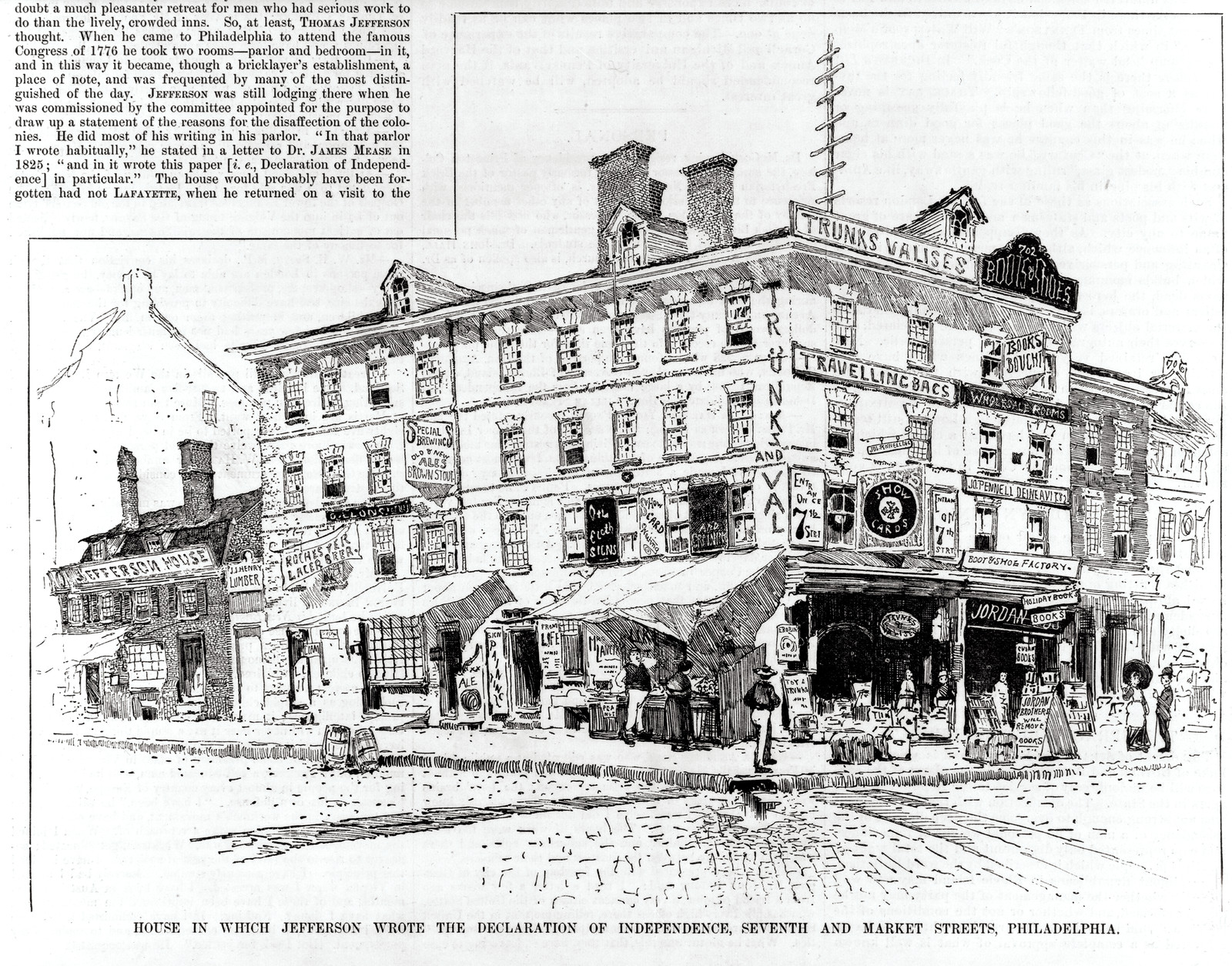 House in which Jefferson Wrote the Declaration of Independence, Seventh and Market Streets, Philadelphia, c. 1883 — antique engraving
