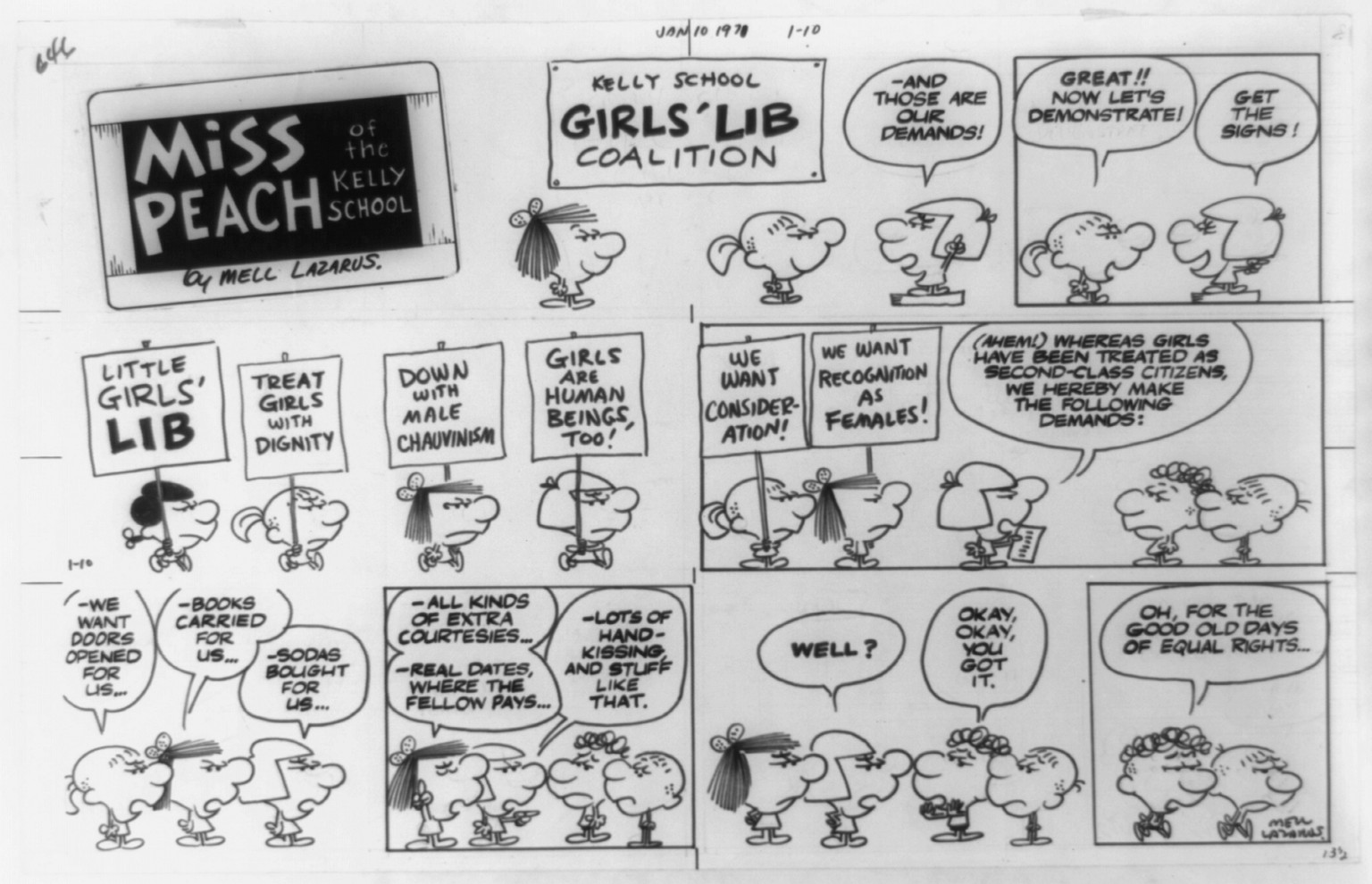 Miss Peach of the Kelly School. And those are our demands!"" — historic drawing