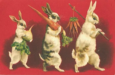 Three dancing rabbits carrying carrots and vegetables on red