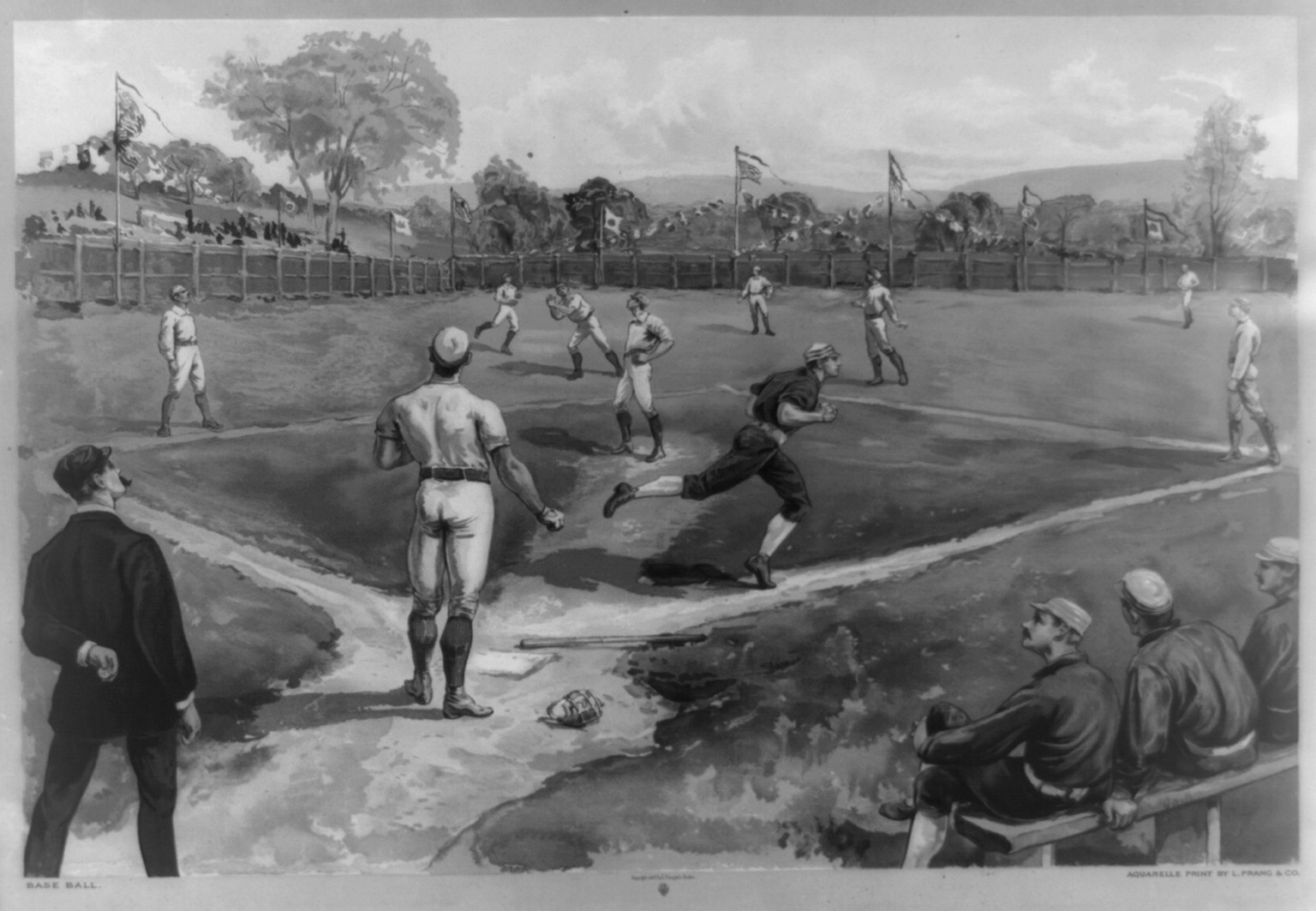 Base ball / Aquarelle print by L. Prang & Co., c1887. — antique lithograph