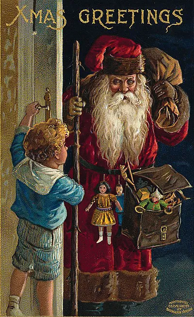 Xmas Greetings: Santa Claus with a child at a door