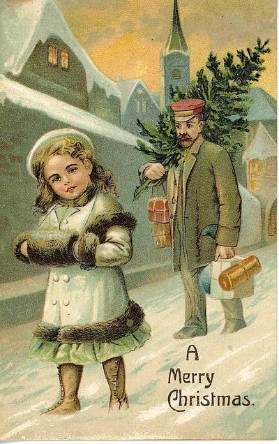 A Merry Christmas postcard: girl and man with tree and parcels
