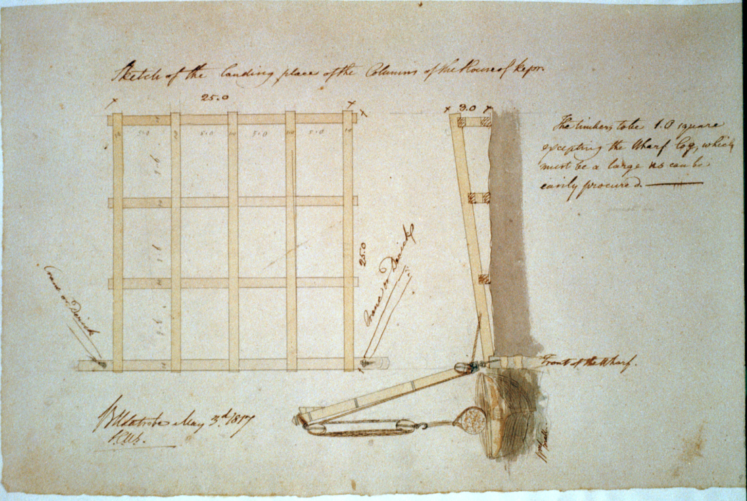 [United States Capitol, Washington, D.C. Wharf landing and crane], 1817 May 3. — historic drawing