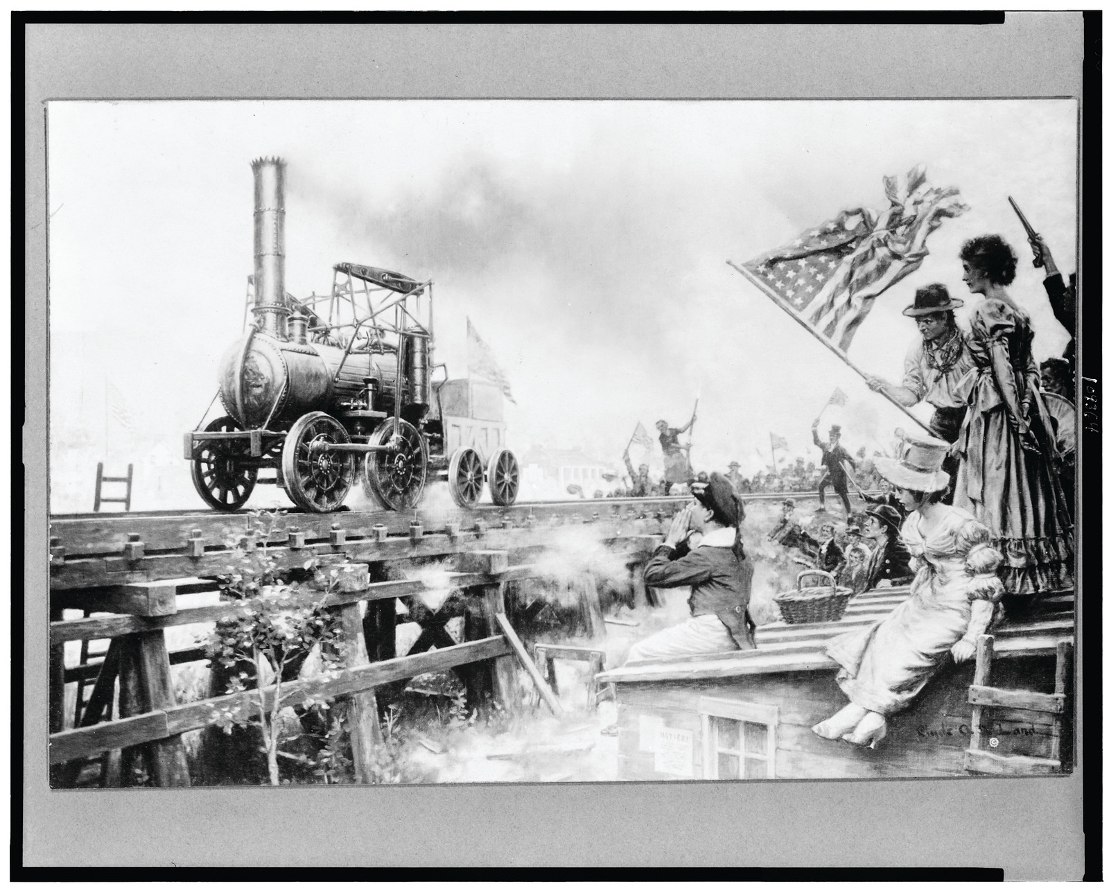 The First locomotive. Aug. 8th, 1829. Trial trip of the Stourbridge Lion"", c1916. — historic photograph