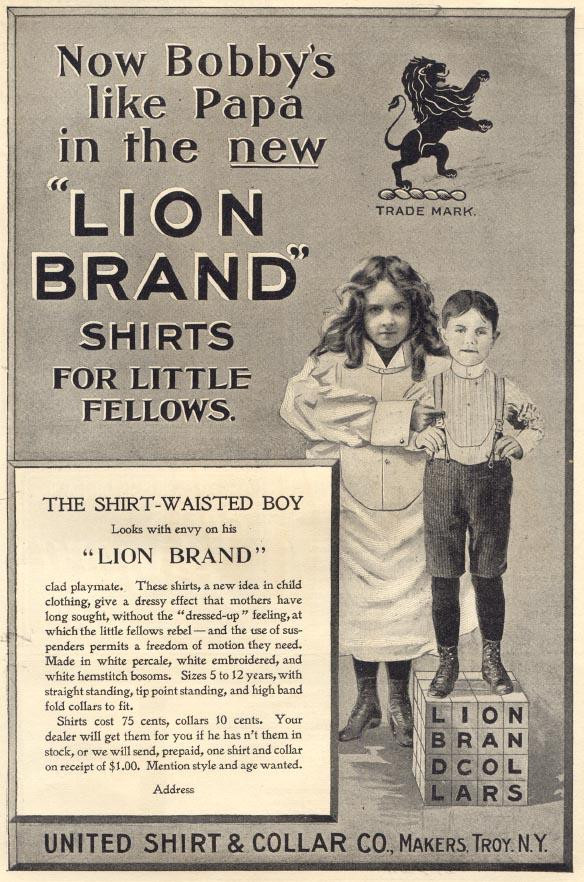 Now Bobby's like Papa: Lion Brand Shirts for Little Fellows advertisement — historic image