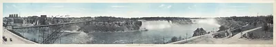 Panoramic view of Niagara Falls with steel arch bridge