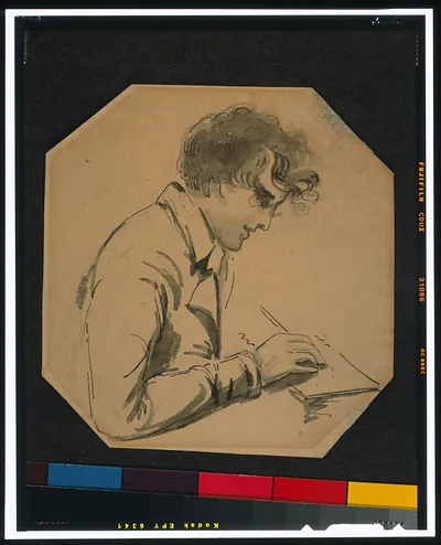 [Gilbert Stuart, self-portrait, half-length, right profile, holding pencil or brush, drawing]