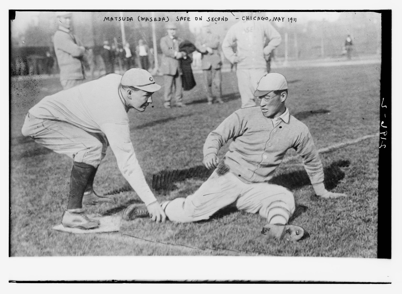 Matsuda (Waseda) safe on 2nd-Chicago, May 1911. baseball, May-11. — historic photograph