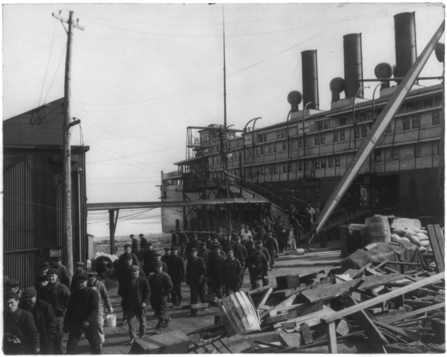 Workmen leaving ship construction - The Seeandbee, [no date recorded on caption card] — historic photograph
