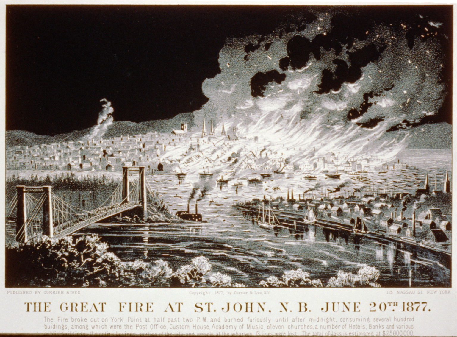 The great fire at St. John, N.B. June 20th 1877, New York : Published by Currier & Ives, c1877. — antique lithograph