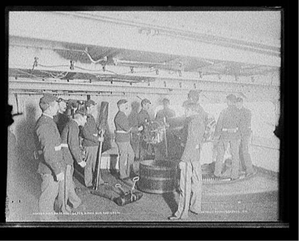 U.S.S. Massachusetts, 6 inch gun and crew, [between 1896 and 1901] — historic photograph