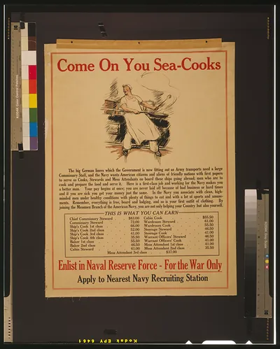 Come on you sea-cooks Enlist in Naval Reserve Force - for the war only : Apply to nearest Navy recruiting station.