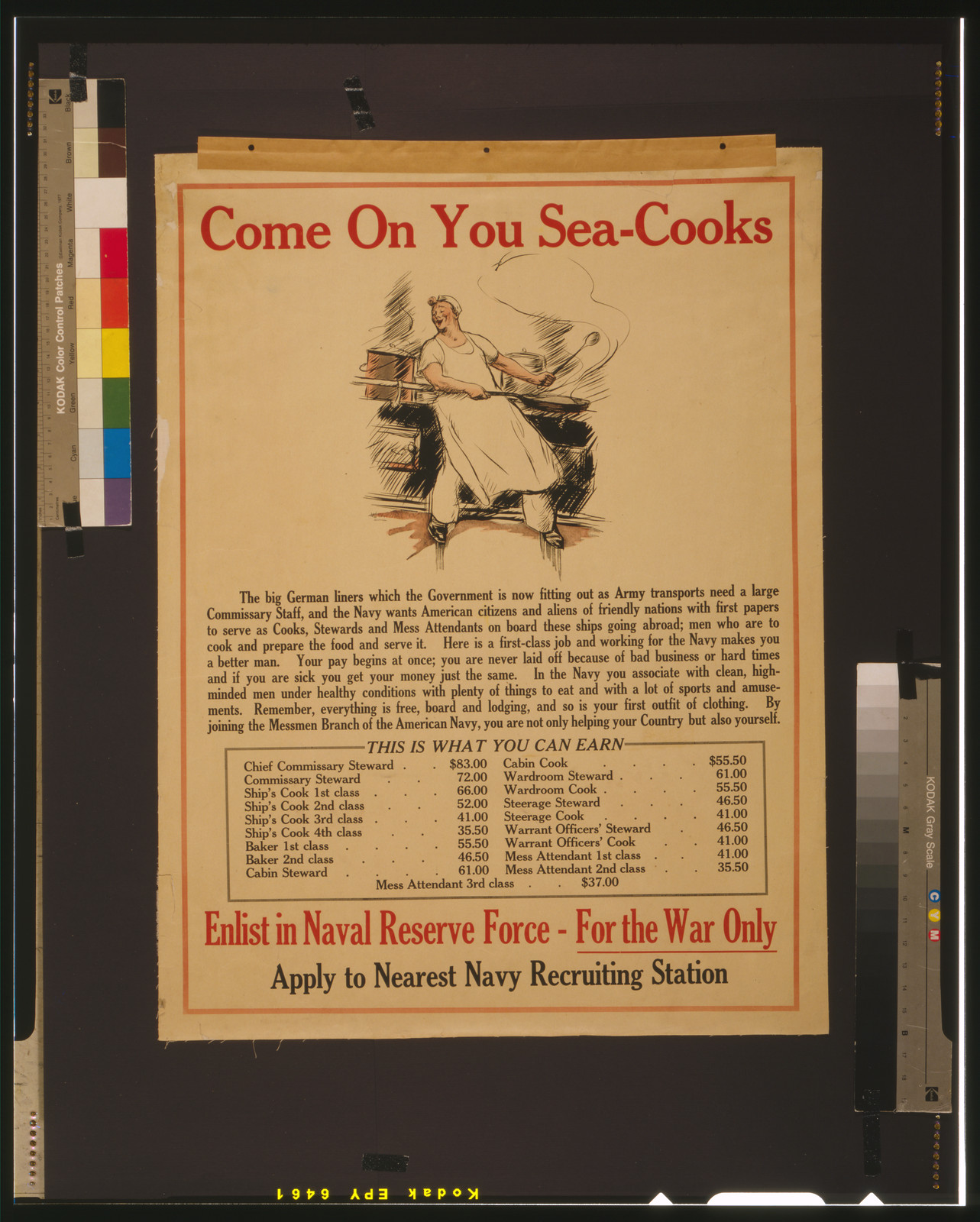 Come on you sea-cooks Enlist in Naval Reserve Force - for the war only : Apply to nearest Navy recruiting station., [between 1914 and 1918] — vintage poster