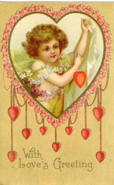 Valentine greeting card with cherub and hearts, "With Love's Greeting