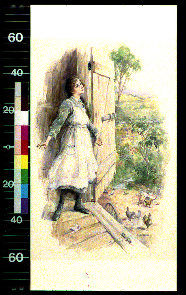 Girl looking out of a wooden door onto a farmyard — historic image
