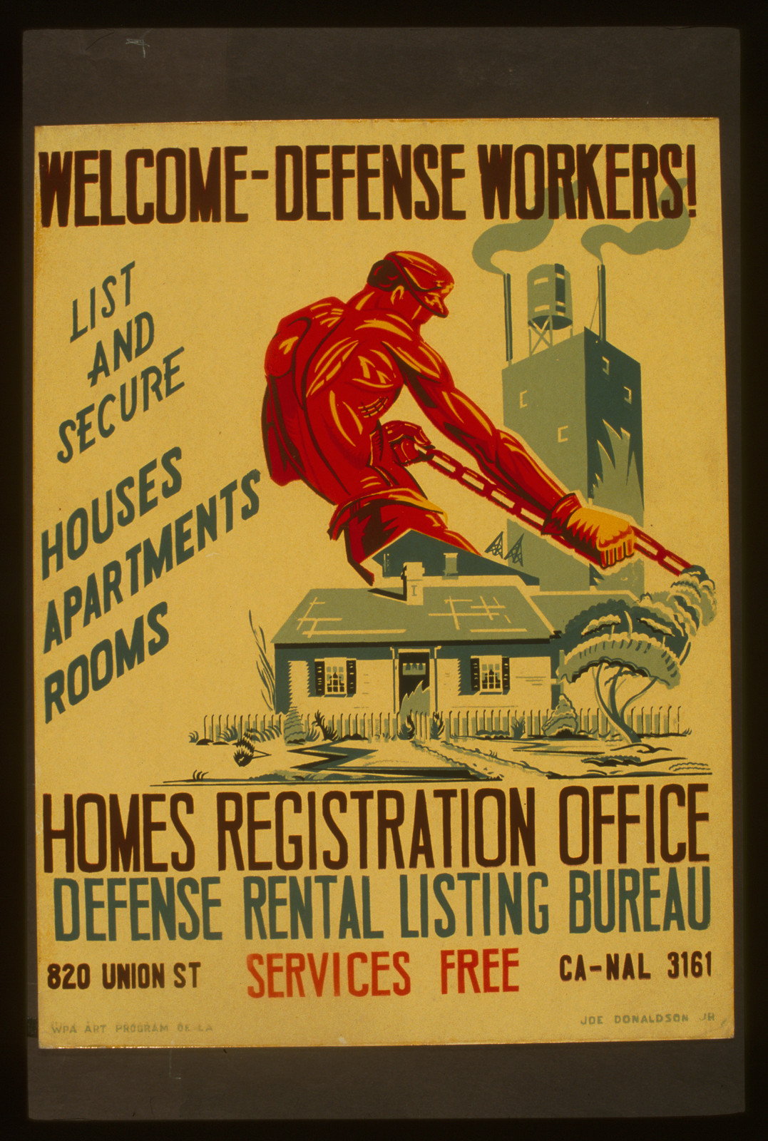 Welcome - defense workers! Homes registration office (S) Defense rental listing bureau, 1941 — vintage poster