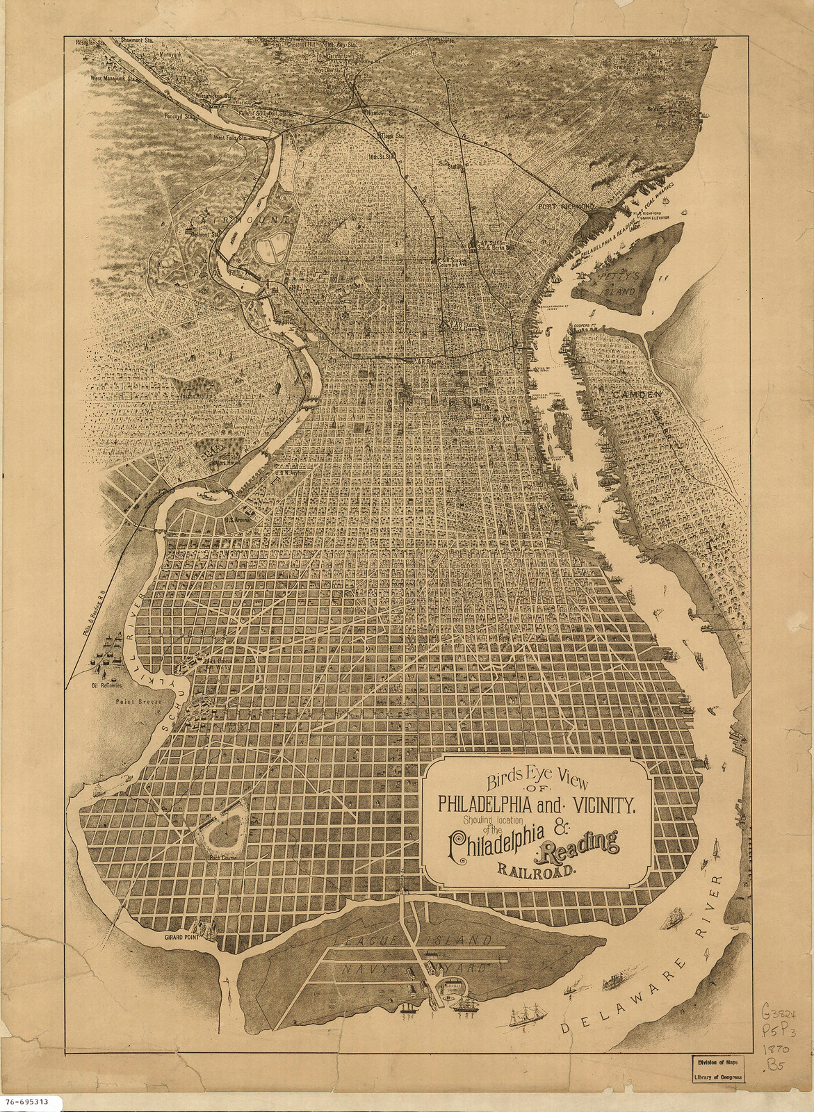 Birds Eye View of Philadelphia and Vicinity, showing Philadelphia & Reading Railroad, 1870 — antique map