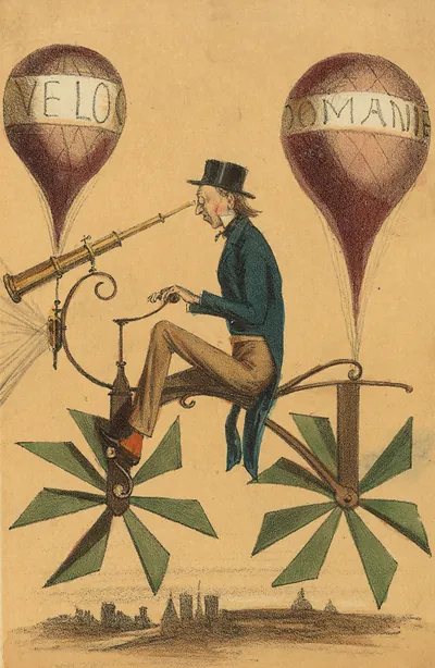 Velocomania caricature of a man riding a velocipede